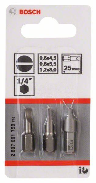 Drei Metallteile in Verpackung, gekennzeichnet mit den Größen 0,6x4,5, 1,2x8,0 und 25 mm, mit Symbolen, die auf eine spezifische Verwendung oder Passungsart hinweisen.