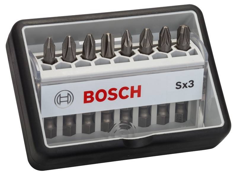 Bosch Sx3 Bitset mit mehreren Schrauberaufsätzen in einem Kunststoffkoffer.