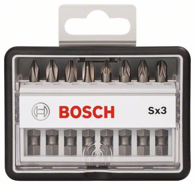 Bosch Sx3 Schraubendreher-Bitset in einer transparenten Kunststoffbox, das verschiedene Metallbits für unterschiedliche Schraubentypen zeigt.