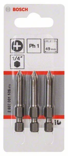 Drei Phillips-Schraubendreher-Bits in Verpackung, beschriftet mit 'Ph 1', '49mm' und '1/4'.