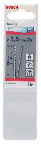 Zwei Metallbohrer in Verpackung; gekennzeichnet mit 40 mm Länge, 18 mm Schnitttiefe, 135-Grad-Spitzenwinkel, geeignet für Metall, entspricht DIN 338-Norm.