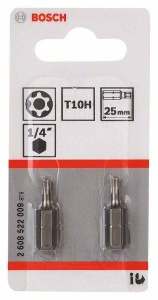Satz von zwei T10H 25mm Schraubenzieherbits, 1/4 Zoll, in Verpackung gezeigt.
