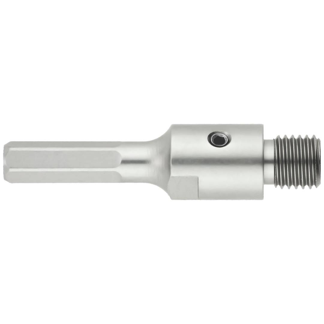 Metall-Sechskant-Adapter mit Gewindende und Seitenloch zur Arretierung, isoliert auf weißem Hintergrund dargestellt.