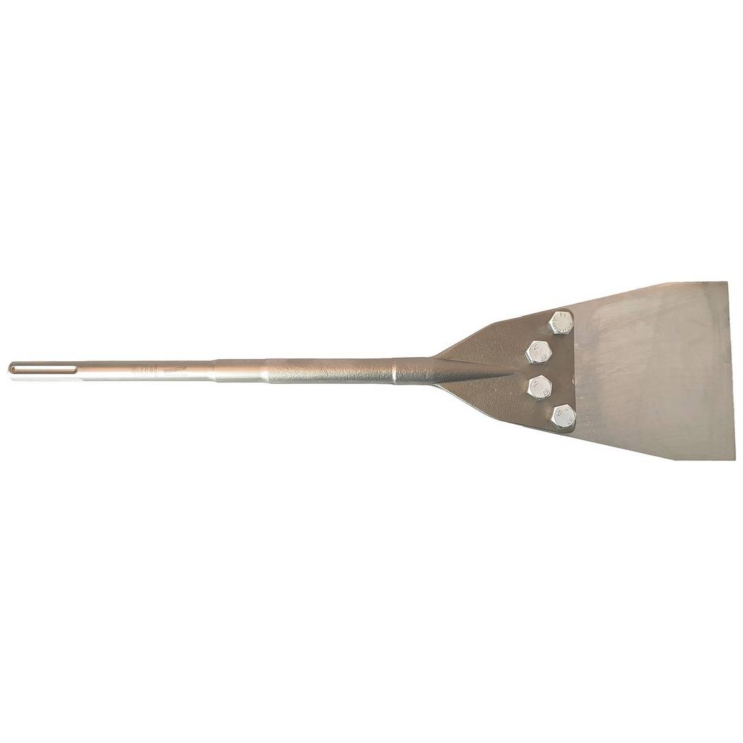 Metallschaber oder Meißel mit langem Griff und breiter flacher Klinge, dargestellt auf weißem Hintergrund.