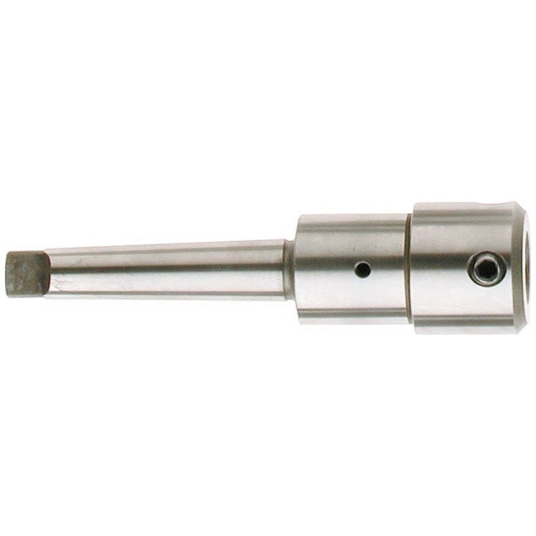 Metallischer Bohrfutteradapter mit langem Schaft und zylindrischem Körper, isoliert auf weißem Hintergrund.