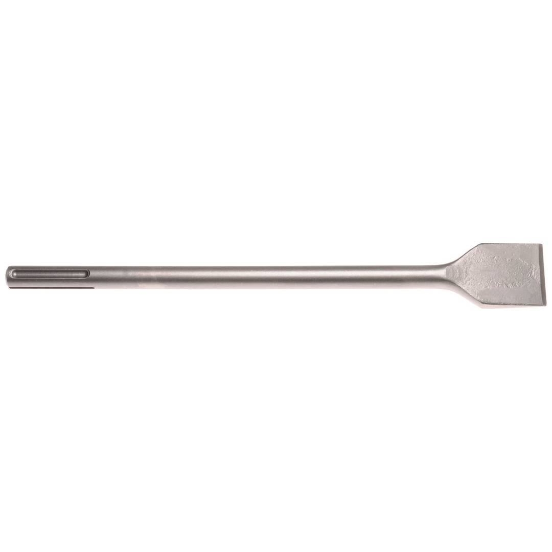 Metallmeißel mit langem Schaft und flacher, keilförmiger Klinge auf weißem Hintergrund.