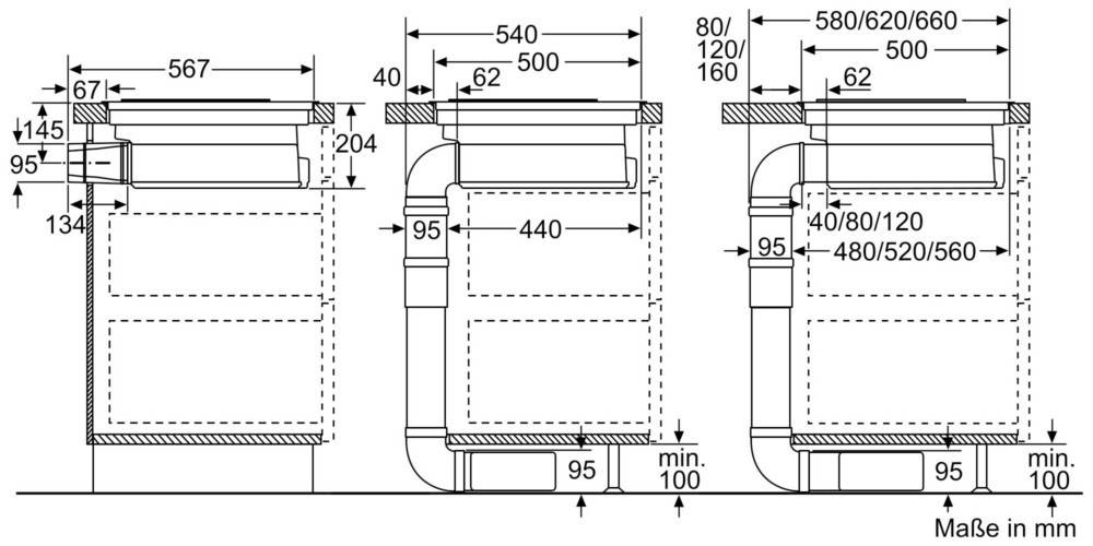 Technische Zeichnung, die Ansichten von Komponente von oben, vorne und der Seite zeigt, mit Maßangaben. Abmessungen beinhalten 540 mm Breite und 440 mm Höhe.