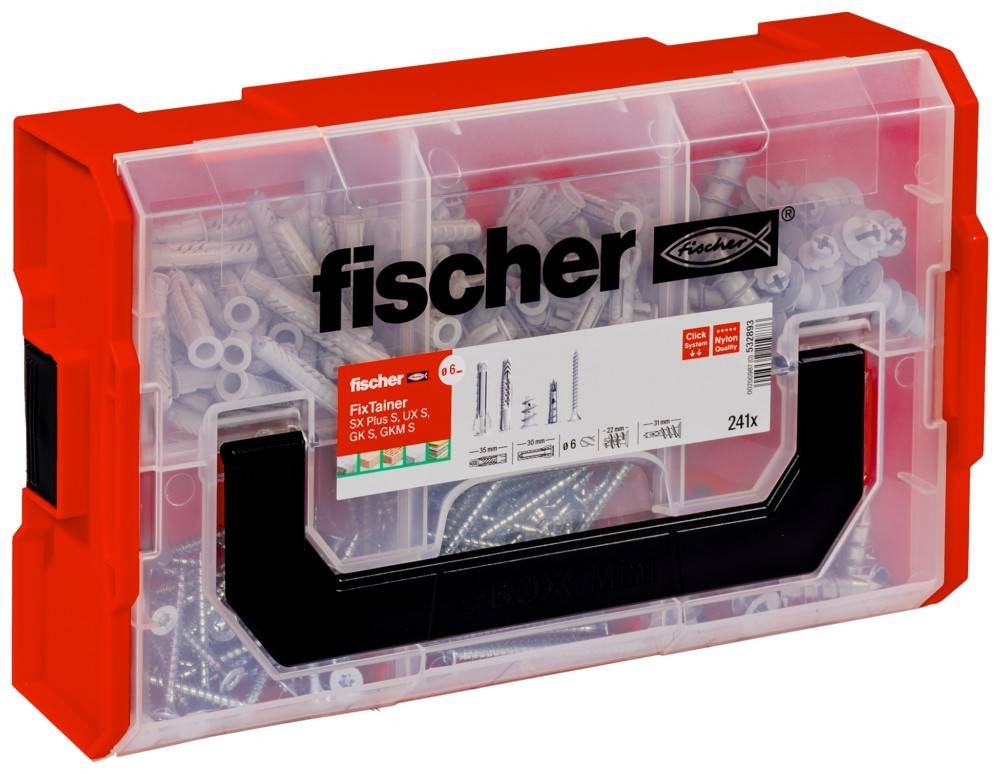 Eine transparente Plastikbox mit einem roten Deckel, die Schrauben und Dübel enthält und mit 'fischer FIXtainer' beschriftet ist. Auf der Box sind 241 Stück angegeben.