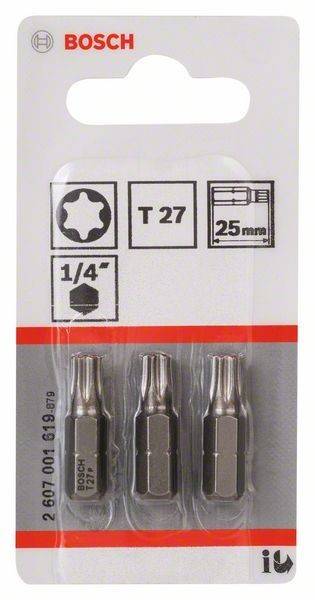 Nahaufnahme eines Sets von drei T27 Schraubendreher-Bits, mit Symbolen für einen 1/4-Zoll-Antrieb und 25 mm Länge, in Einzelhandelsverpackung.