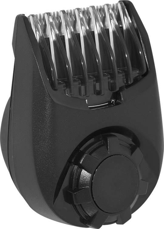 Eine schwarze Haarschneidemaschinen-Aufsatz mit kammartig gezackten Zähnen und Größenindikator, der zum Trimmen von Haaren auf eine einheitliche Länge verwendet wird.