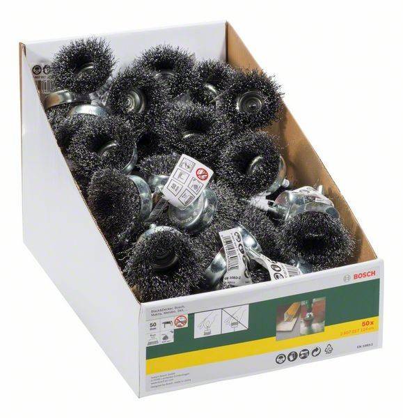 Eine Schachtel mit Bosch-Drahtbürstenaufsätzen, die mehrere Metallbürsten mit Borsten zeigt. Die Verpackung hebt Verwendungs- und Sicherheitsinformationen hervor.