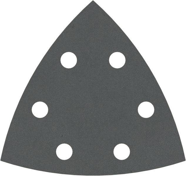 Ein dreieckiges Schleifpapierblatt mit sechs Löchern, entwickelt für einen Deltaschleifer zum Glätten von Oberflächen.