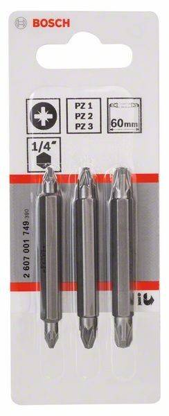 Packung enthält drei Schraubenziehereinsätze mit der Bezeichnung 'PZ 3' für Pozidriv-Schrauben, mit einer Länge von 60 mm und einer Aufnahme von 1/4 Zoll.