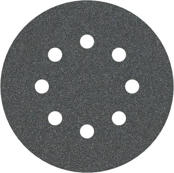 Eine runde, dunkelgraue Schleifscheibe mit acht gleichmäßig verteilten Löchern, die zum Glätten von Oberflächen in Verbindung mit einem Exzenterschleifer verwendet wird.