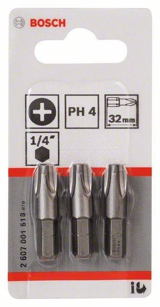 Drei Schraubendreher-Bits in Verpackung: Phillips PH4, 32 mm Länge, 1/4
