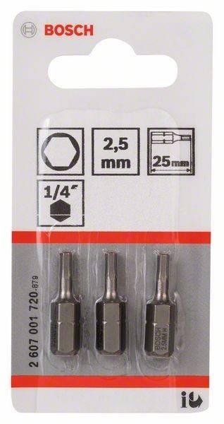 Drei Schraubendreher-Bits werden in einer Verpackung präsentiert, beschriftet mit '2,5 mm' und '25 mm'. Symbole zeigen die sechseckige Form und Größendetails an.