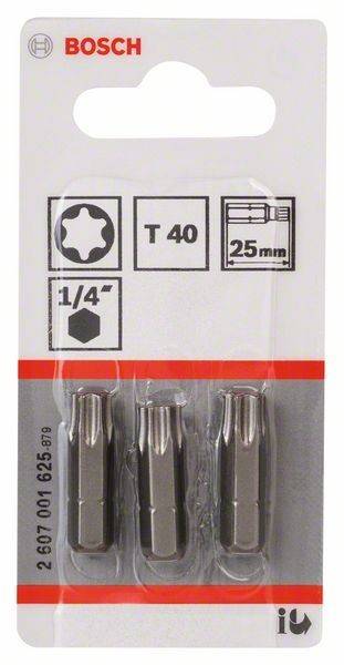 Drei Torx-T40-Schraubenziehereinsätze, 25 mm lang, in Verpackung gezeigt.