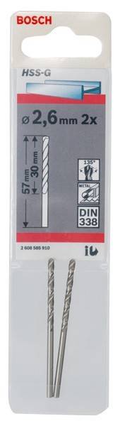 Paket mit zwei 57 mm Bohrern mit 30 mm Arbeitslänge. Merkmale beinhalten einen 135° Spitzenwinkel. Geeignet für Metall. Gekennzeichnet mit ‚DIN 338'.