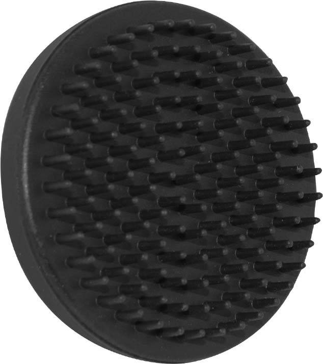 Eine runde schwarze Silikon-Gesichtsreinigungsbürste mit weichen Borsten, die für sanfte Exfoliation und Hautreinigung entwickelt wurde.