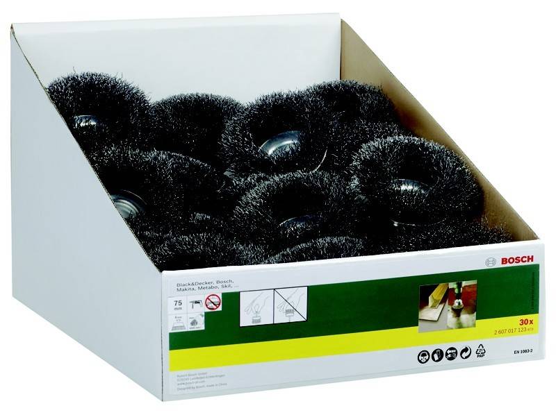 Karton mit mehreren schwarzen Drahtbürsten, konzipiert zum Reinigen oder Polieren. Die Verpackung trägt Produktmarkenzeichen und Spezifikationen.