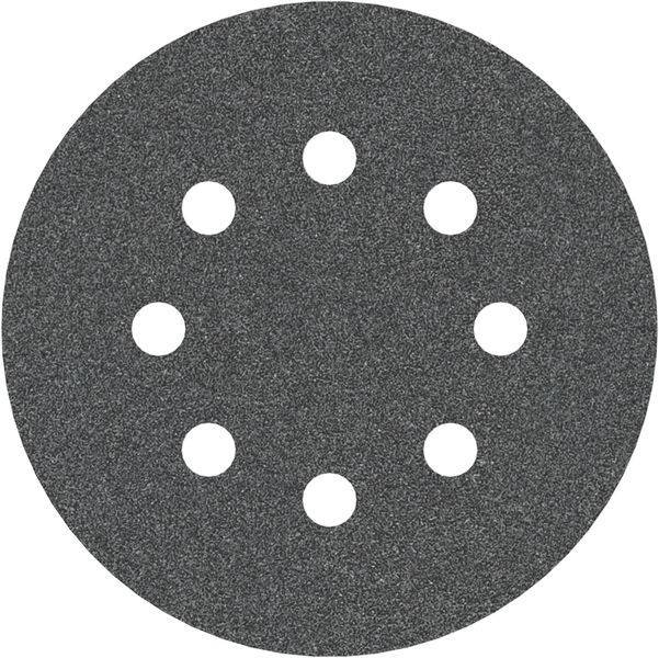 Eine runde Schleifpapierscheibe mit acht gleichmäßig verteilten Löchern, die für einen Elektroschleifer konzipiert ist und zum Glätten von Oberflächen verwendet wird.