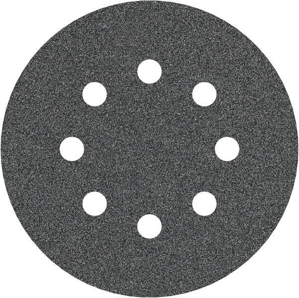 Eine runde schwarze Schleifpapierscheibe mit acht gleichmäßig verteilten Löchern, die in einem Kreis angeordnet sind.