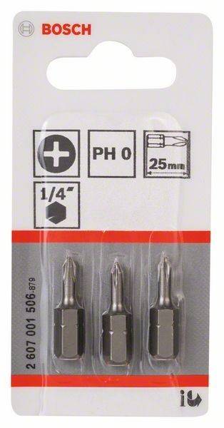 Verpackung für drei Schraubendreher-Bits mit Phillips-Kopf, 1/4 Zoll Sechskantaufnahme, PH 0, 25 mm Länge und Symbolen für doppelseitige Bits.