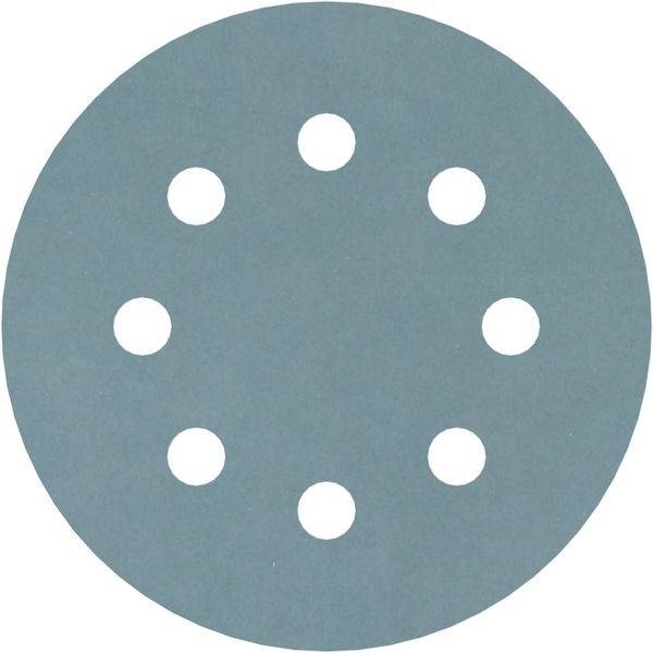 Eine runde blaue Schleifpapier-Scheibe mit acht gleichmäßig um das Zentrum verteilten Löchern.