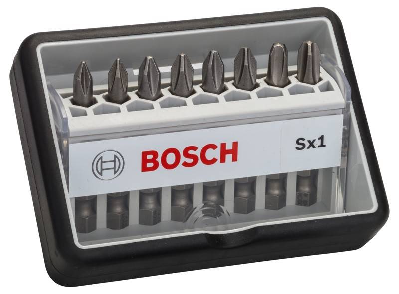 Satz von Bosch Sx1 Schraubendreher-Bits, angeordnet in einer Kunststoffbox, die verschiedene Typen und Größen für die Verwendung in unterschiedlichen Schraubenköpfen zeigt.