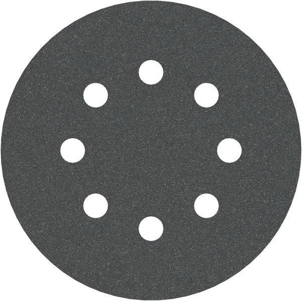 Eine runde Schleifpapier-Scheibe mit acht gleichmäßig verteilten Löchern.