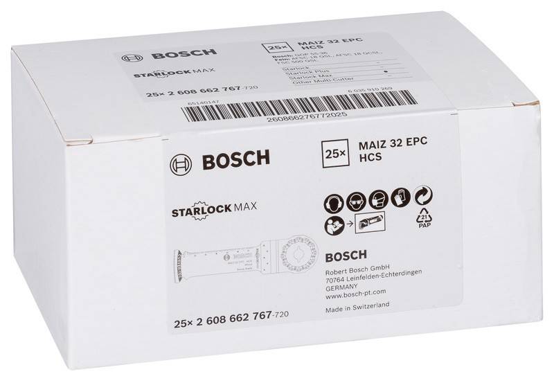 Die Abbildung zeigt eine Bosch StarlockMax Verpackungsbox mit der Beschriftung '25x 2 608 662 767-720' mit technischen Details, darunter 'MAIZ 32 EPC HCS' und 'Made in Switzerland.