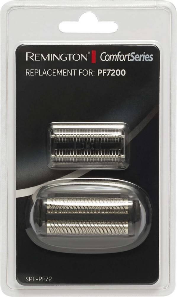 Ersatz-Scherfolien und -Messer von Remington für das Modell PF7200, mit zwei Scherköpfen, die auf schwarzer Verpackung präsentiert werden.