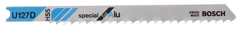 Eine silberne Sägeblatt-Kante mit dem Teilwort 'Alu' in Schwarz und Blau gedruckt, was darauf hindeutet, dass es für das Schneiden von Aluminium konzipiert ist.