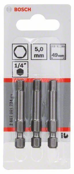 Drei Sechskant-Schraubendreher-Einsätze in Verpackung, gekennzeichnet mit '5,0 mm', '49 mm' und '1/4 Zoll'.