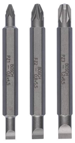 Nahaufnahme von drei Bosch-Schraubendreher-Bits mit den Bezeichnungen PZ1, FZ2 und PZ3 mit Größenangaben. Sie sind vertikal nebeneinander ausgerichtet.