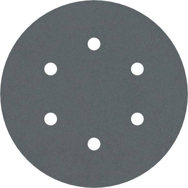 Eine runde, graue Schleifscheibe mit sechs kleinen, gleichmäßig in einem Kreismuster verteilten Löchern.