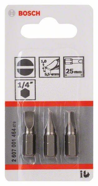 Drei Schraubendreher-Bits in Verpackung, mit Symbolen für Schlitztips, '1/4