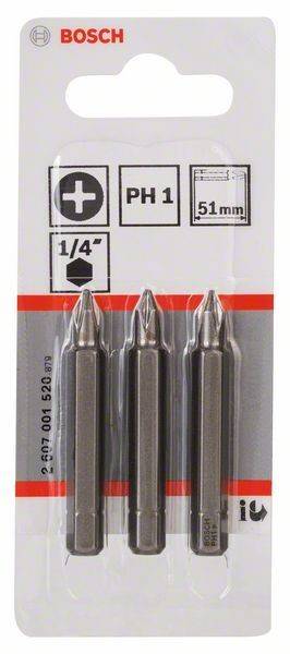 Ein Set aus drei PH1 Schraubendreher-Bits, jedes 51 mm lang und 1/4 Zoll im Durchmesser, in ihrer Originalverpackung dargestellt.