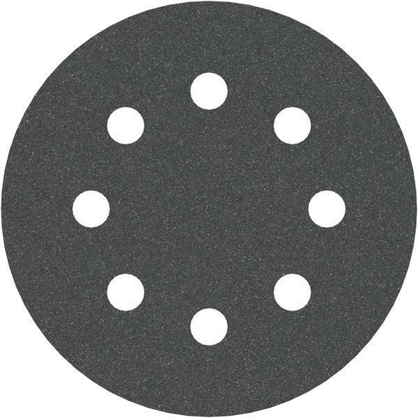 Eine runde, schwarze Schleifpapier-Scheibe mit acht gleichmäßig verteilten Löchern zur Staubabsaugung, die üblicherweise an Exzenterschleifern verwendet wird.