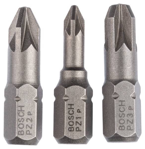 Drei Bosch-Schrauberbits mit unterschiedlichen Spitzengrößen nebeneinander angeordnet, mit eingravierter Beschriftung: 'PZ2', 'PZ1' und 'PZ3'.