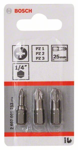 Dreierpack Pozidriv-Schraubenbits; Größen PZ 1, PZ 2 und PZ 3; 25 mm Länge mit 1/4