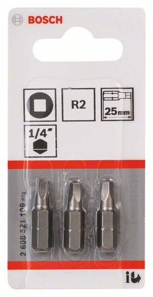 Schraubendreher-Bitsatz mit drei Bits, gekennzeichnet mit Quadrat, R2, 25 mm, 1/4 Zoll Größe, in durchsichtiger Kunststoffverpackung.