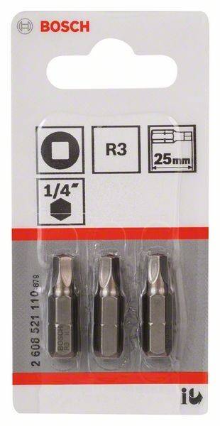 Satz von drei 1/4 Zoll Vierkant-Schraubenziehereinsätzen, Typ R3, 25 mm Länge, verpackt in transparenter Plastikverpackung mit rotem Streifen.