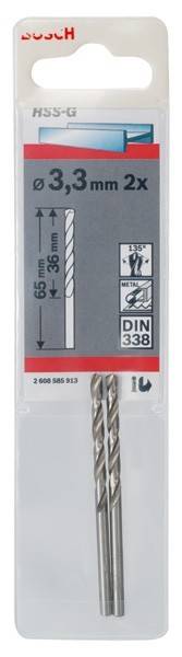 Verpackung von zwei Metallbohrern. Das Etikett gibt folgende Dimensionen an: 65 mm Gesamtlänge mit 36 mm Nutlänge, 135-Grad-Spitze, konform mit DIN 338.