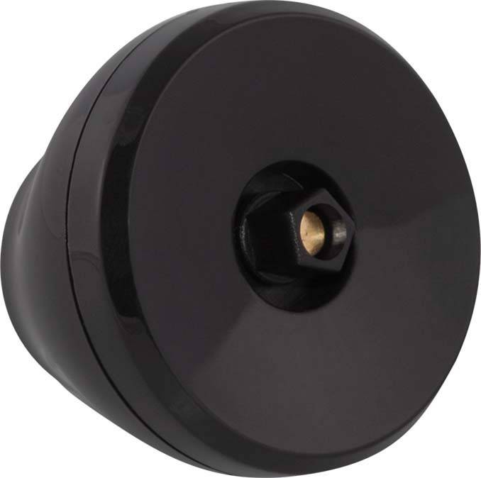 Eine runde, schwarze Deckenleuchten-Abdeckung mit einer zentralen, vertieften Fassung.