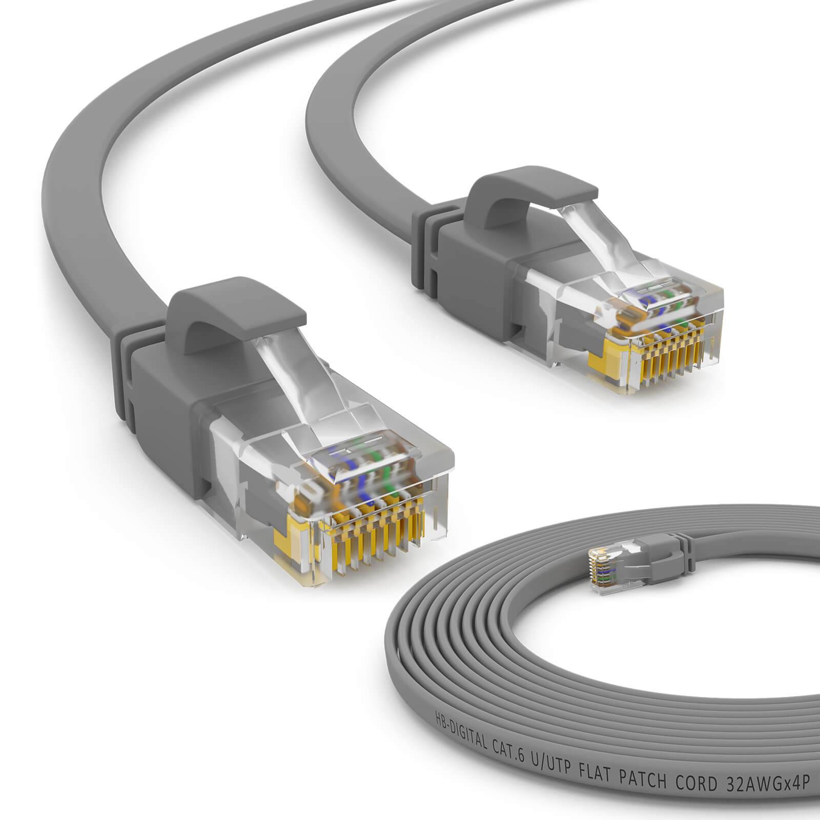 hb-digital 5m Patch Kabel CAT 6 Flachkabel bis zu 1000Mbit/s, U/UTP, PVC Mantel flach grau