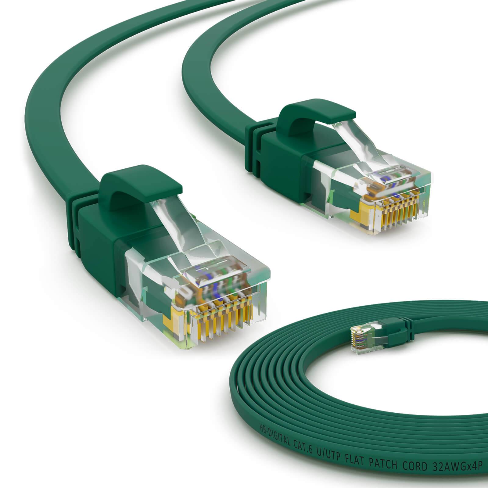 hb-digital 20m Patch Kabel CAT 6 Flachkabel bis zu 1000Mbit/s, U/UTP, PVC Mantel flach grün