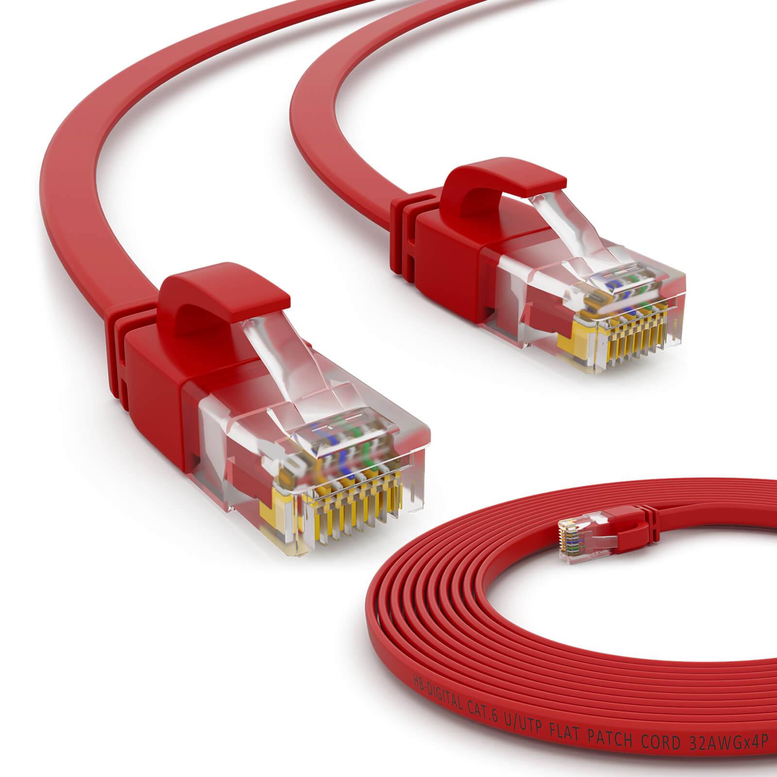 hb-digital 10m Patch Kabel CAT 6 Flachkabel bis zu 1000Mbit/s, U/UTP, PVC Mantel flach rot
