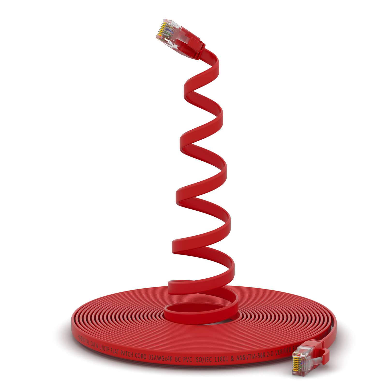 hb-digital 20m Patch Kabel CAT 6 Flachkabel bis zu 1000Mbit/s, U/UTP, PVC Mantel flach rot