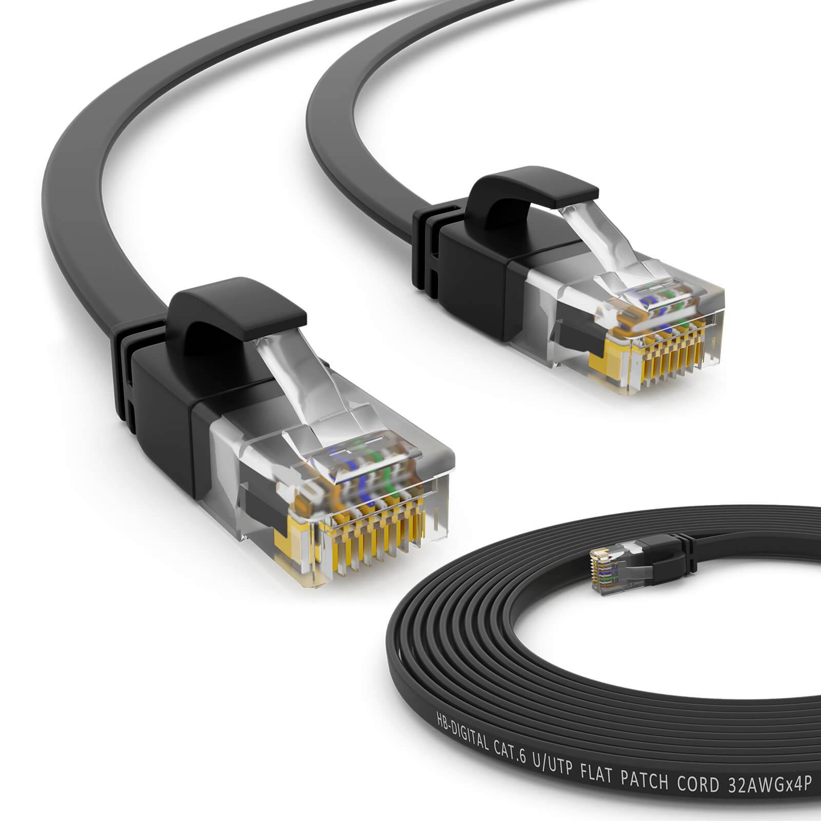 hb-digital 10m Patch Kabel CAT 6 Flachkabel bis zu 1000Mbit/s, U/UTP, PVC Mantel flach schwarz